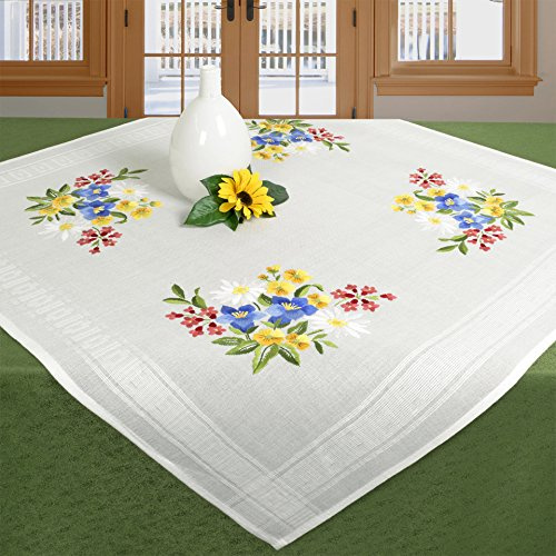KAMACA Kit de broderie, nappe pré-imprimée, points plats et tiges, fleurs, fil à broder, instructions (français non garanti)