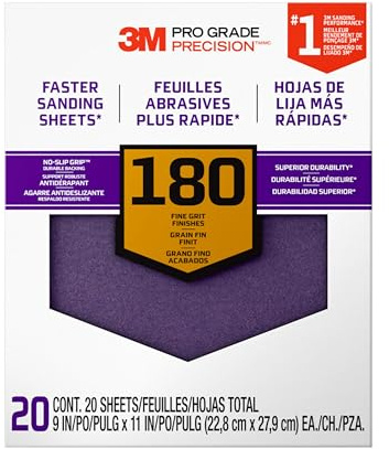 3M 26180CP-P-G 180 Grit Pro Grade No-Slip Grip Advanced Sandpaper (20 Pack), 9 x 11, Purple