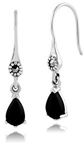 Gemondo Art Nouveau Earrings, 925 Sterling Silver 0.96ct Black Onyx & Marcasite Art Nouveau Drop Earrings