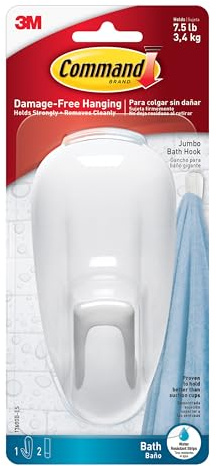 Command Bathroom Hook with Water-Resistant Strips, 1-Hook, 2-Strips, Organize Damage-Free