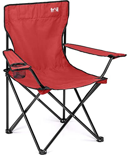 Trail Folding Camping Chair, Lightweight Outdoor Chair with Cup Holder Armrest, Heavy Duty Tubular Steel Frame, Fast-Drying Polyester, Carry Bag, 100kg Capacity (Red)