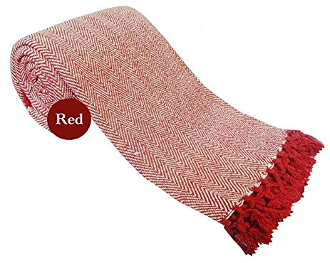viceroy bedding HERRINGBONE 100% Cotton Sofa/Bed Throw With Tasselled Edging (100 x 155, Red)