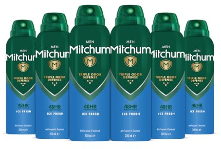 Mitchum Men Triple Odor Defense 48HR Protection Deodorant Spray & Antiperspirant (200ml) Ice Fresh, Pack of 6