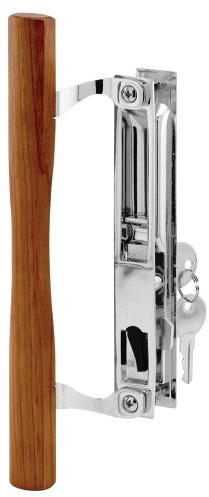 Prime-Line C 1149 Keyed Sliding Glass Door Handle Set – Replace Old or Damaged Door Handles Quickly – Wood & Chrome Plated Diecast, Hook Style, Flush Mount, Fits 6-5/8 in. Hole Spacing (1 Set)