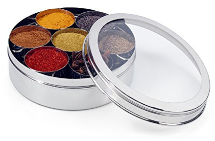 Zinel 7204 kryddlåda i rostfritt stål/Masala Dabba med 7 jämförelser och transparent lock, 24 cm, silver