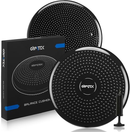 Gymtek Balance Kissen mit Pumpe, 33cm, Ballkissen, Gleichgewichtstrainer, Ballsitzkissen, Balance Pad, Luftkissen, Balance Pad, Gleichgewichtskissen, Balancekissen, Noppen-Oberfläche, Schwarz
