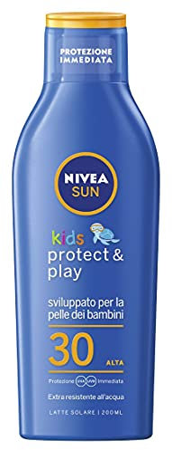 NIVEA SUN Crema Solare Kids Protect & Play FP30 in flacone da 200 ml, Protezione solare per bambini resistente all'acqua, Crema corpo bambini per pelli delicate