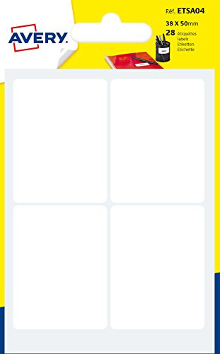 AVERY Sachet de 28 Étiquettes Autocollantes Blanches FSC 38 x 50 mm Multi-Usages Écriture Manuscrite Inscriptible Organisation Maison Bureau École Identification et Rangement