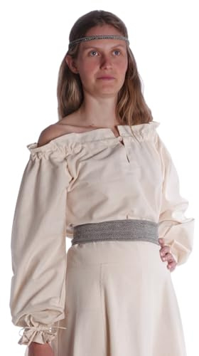 Hemad Blusa de algodón Medieval para Mujer - Escote con Volantes y Mangas – M Beige