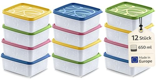 Annastore 12 x Tiefkühldosen 650 ml - Gefrierdosen zum Einfrieren - Frischhaltedosen stapelbar - Vorratsdosen zum Einfrieren und Auftauen - Mikrowellendosen - 650 ml