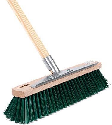 BawiTec Allzweckbesen, 40cm Breit/Lang, mit Kratzleiste/Schabekante und Metall-Stielhalter, Gartenbesen mit Stiel Besenstiel 140cm, Straßenbesen, grüne Borsten, Besen für Garten, Straße usw.