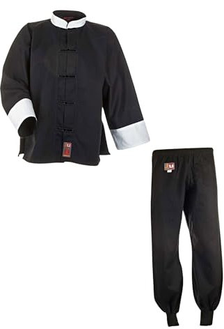 Ju-Sports Kung Fu Anzug Schwarz/Weiß, Cotton 180 I Solider Kampfanzug im klassischen Schnitt I Mit Kordelknöpfen & Bündchenhose mit Elasikbund I 100% Baumwolle