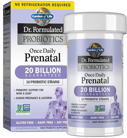 Garden of Life Dr. Formulated Probiotics Once Daily Prenatal - Acidophilus and Bifidobacteria Probiotic Support for Mom and Baby – Shelf Stable - Gluten, Dairy, and Soy-Free - 30 Vegetarian Capsules