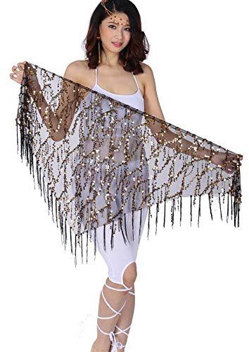 ZLTdream Belly Dance Sequin Triangle Hip Scarf Black-gold