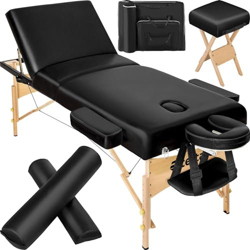 tectake® Massageliege klappbar, höhenverstellbar, Möbel und Zubehör für Massage, Tattoo oder Kosmetik, extra dick gepolstert, Zubehör 2 Lagerungsrollen, Hocker, Tasche, Aluminium Kopfstütze - schwarz
