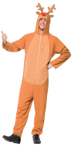 Smiffys Reindeer Costume for Adults, Brown Christmas Fancy Dress Bodysuit with Hood, Antlers and Red Nose, Festive Rudolph and Santa’s Sleigh Reindeer Onesie for Men and Women Holiday Parties Medium