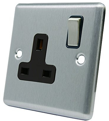 AET CSC1GSOCBS 13 A 1-Gang Satin Finish Chrome Classical Single Plug Socket with Black Insert Metal Rocker Switch