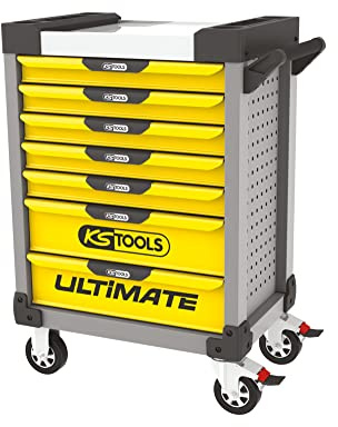 KS TOOLS 814.0007 - Servante d'atelier 7 tiroirs - Gamme Ultimate® - Système de Fermeture centralisé par Serrure - 4 Roues Robustes - Couleur Grise et Jaune