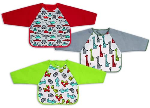 Ti TIN | Lot de 3 Bavoirs Éponge Imprimé Imperméable avec Manche, 30x34 cm | 73% Coton - 27% Polyester - Bavoir Bébé 6 à 18 mois - Fermeture avec Scratch - Animaux Voiture - Multicolore - 120 gr/m²