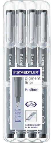Staedtler Pigment Liner, Feutres de dessin à encre pigmentée noire infalsifiable, Étui chevalet avec 4 feutres assortis 0.1/0.3/0.5/0.7 mm, 308 WP4