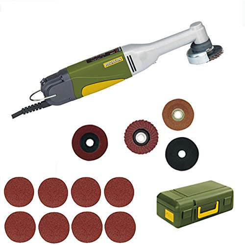 PROXXON Langhals Winkelschleifer LHW Set - inklusive Schleifscheibe aus Edelkorund, Lamellen-Schleifscheibe, Trennscheibe, Gummi-Stützteller mit Kletthaftung, Schleifblätter K80 und K150 und Koffer