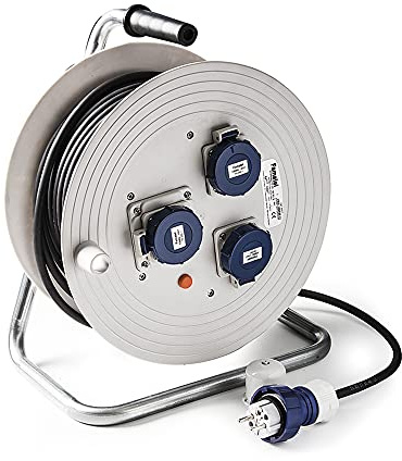 FAMATEL – Enrollacables industrial 3 tomas | IP67 | 50 metros | TT | 16A | 250V | Clavija TT-16A-250V | Cable neopreno | 3 x 1,5 | Disyuntor