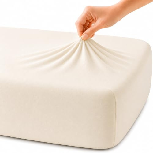Family Bedding Deep Fitted Sheet, 100% Jersey Cotton, Cream, Single | 30cm Elasticated Pocket, Fits 90x190cm to 100x200cm, Breathable Fabric