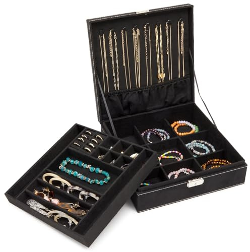 Juvale Jewelry Box for Men - 10.5 x 10.5 x 3.5 in, Black Velvet - Locking 2-Layer Travel Jewelry Organizer & Earring Holder, Necklace Organizer & Decorative Tray