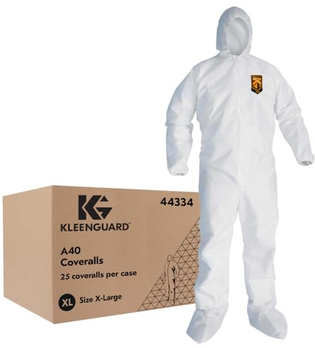 KleenGuard 44334 A40 Elastic-Cuff, Ankle, Hood and Boot Coveralls, X-Large, White (Case of 25)