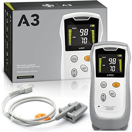 AIESI® Saturimetro da dito Palmare professionale con display a colori e sonda anti-movimento per adulti A3, Estremamente preciso, Guscio di protezione con supporto, Batterie, Garanzia Italia 24 mesi