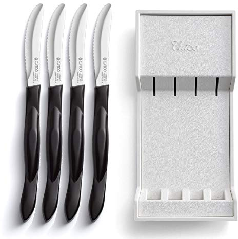 Cutco Table Knives Set of Four with Tray, Four of Cutcos Knife in a Dishwasher-safe Tray, 8.4 Inch Long, 3.4 Inch Double-D Serrated Edge Blades with 5 Inch Classic Brown Handles