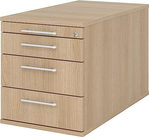 bümö Rollcontainer mit Schubladen, Container abschließbar aus Holz in Eiche - Rollwagen für's Büro als Schreibtisch Unterschrank, Bürocontainer od. Schreibtischcontainer mit Relinggriffe