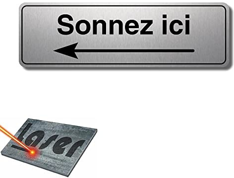 Plaque gravée autocollante 13x4cm Sonnez ici gauche fond Alu brossé