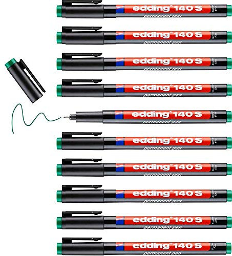 edding 140 S Permanenter Folienschreiber - grün - 10 Stifte - Rundspitze 0,3 mm - Stift zum Schreiben auf Glas, Kunststoff, Folien und glatten Oberflächen - schnelltrocknend, wisch- und wasserfest