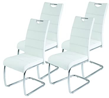 Hela Tische 4er Set Schwingstuhl, Küchenstuhl Flora, Kunstleder Weiß, Griffmulde, Metallgestell verchromt, 42x57x98 cm