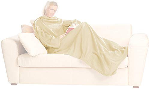 Wilson Gabor Kuscheldecke mit Ärmel: Fleece-Kuscheldecke mit Ärmeln, Mikrofaser, beige, 150 x 200 cm (Decke zum Reinschlüpfen Erwachsene, Decke mit Armen, Wärmflasche)