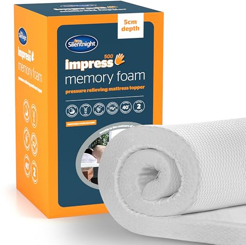 Silentnight Impress Memory Foam Mattress Topper - 5cm Deep Luxury Orthopaedic Pressure Relief Hypoallergenic Bed Topper for Back & Neck Pain - Elasticated Straps & Machine Washable Cover, Single