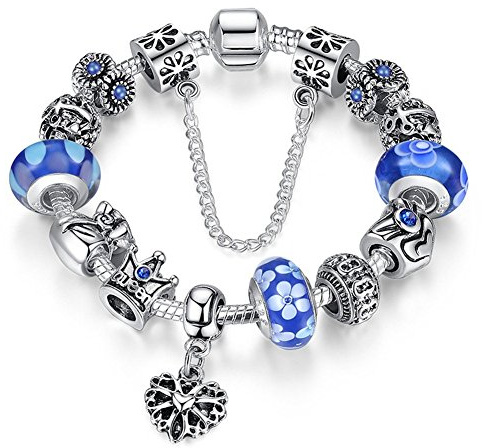 A TE® Bracciale Charms Fiore Vetro beads queen Catena Sicurezza Regalo Donna #JW-B110 (Blu)