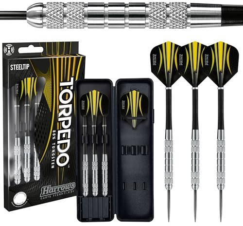Freccette Torpedo 80% tungsteno | Set di freccette con punta in acciaio con custodia | 21 g, 22 g, 23 g, 24 g, 25 g, 26 g e 27 g | Include aste in nylon nero e alette Prime da 100 micron (25g)