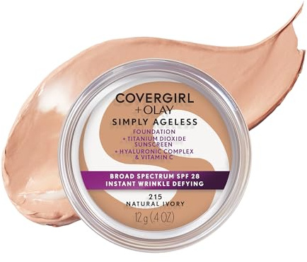 COVERGIRL Simply Ageless Instant Wrinkle Defying Foundation, SPF 28, Hyaluronic Complex & Vitamin C - 215 Natural Ivory, Pack of 1