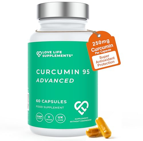Curcumin 95 Advanced, 60 Capsules, High Strength Curcumin (The Active Component of Turmeric) with 95% Curcuminoids + BioPerine® (Black Pepper Extract), Vitamin D, Tomato and Ginger Root, GMP Approved