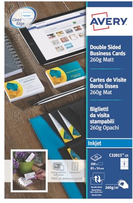 Avery Italia C32015-25 Biglietto da Visita, Stampabile Fronte/Retro, 8 Biglietti per Foglio, Confezione da 25 Pezzi, Bianco