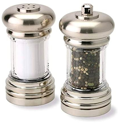 Olde Thompson - 7 Brushed Nickel Pepper Mill & Salt Shaker Set - Pre-Filled with Peppercorns and Pure Ocean Sea Salt, Fully Adjustable for Fine to Coarse Quality, Easy to Clean, Use and Refill