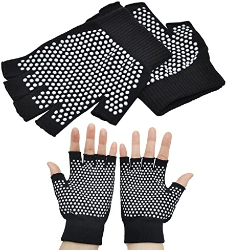 SwirlColor Non Slip Yoga Gloves Pilates Fingerless Exercise Grip Gloves with White Silicone Dots (1 Pair Glove), UK 3/5 (Black, UK Footwear Size System, Adult, Women, Alpha, Medium, Medium)