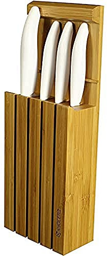 Kyocera 3in1 Bambus Messerblock | inkl 4 Keramik Messer Weiß | Santokumesser, Universalmesser, Gemüsemesser, Schälmesser | zum Hinstellen, Aufhängen oder Hinlegen in der Schublade | 34x12,3x6,6 cm
