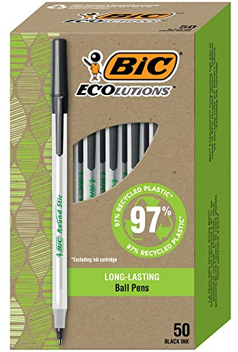Bic Ecolutions Round Stic Ballpoint Pen, Medium Point (1.0mm), Black, 50-Count