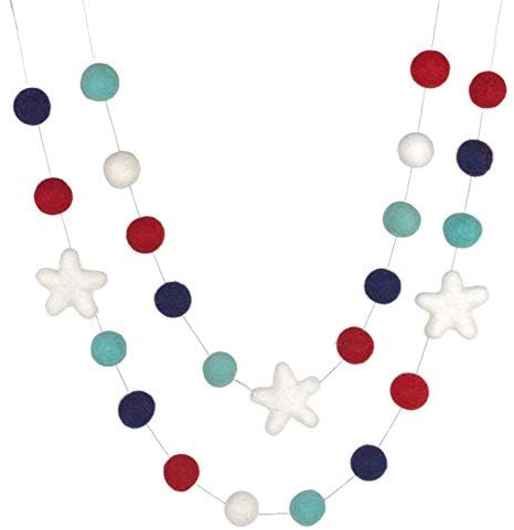 Handmade by Matthew and Mae- Fourth of July Garland- 1 Felt Balls, 2 Stars- Memorial Day Decor, American Flag USA Mantle Banner, Party Decoration (Turquoise/Navy Blue/Red/White Stars)