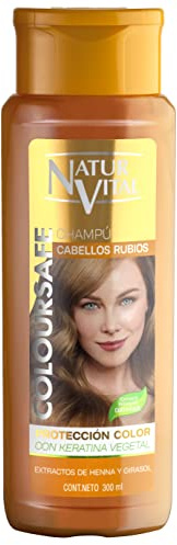 NaturVital - Champú ColourSafe Cabellos Rubios, Sin Parabenos ni Siliconas, Champú Colorante para Pelo Rubio Teñido o Natural, con Keratina Vegetal, Aporta Brillo y Protege el Color, 300 ml