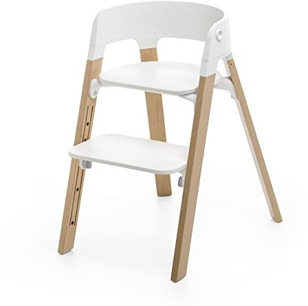 Stokke Steps Chair, Natural Legs & White Seat - 5-in-1 Seat System - Transform Into Newborn + Toddler High Chair - Use Through Childhood or Up to 85kg/187 lbs. - Tool-Free, Stylish & Adjustable