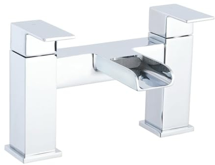 Veebath Double Square Waterfall Bath Filler Mixer Tap, Deck Mounted with Hot and Cold Indicators, Square Bathroom Taps Pair, Chrome G3/4, Modern Square Design